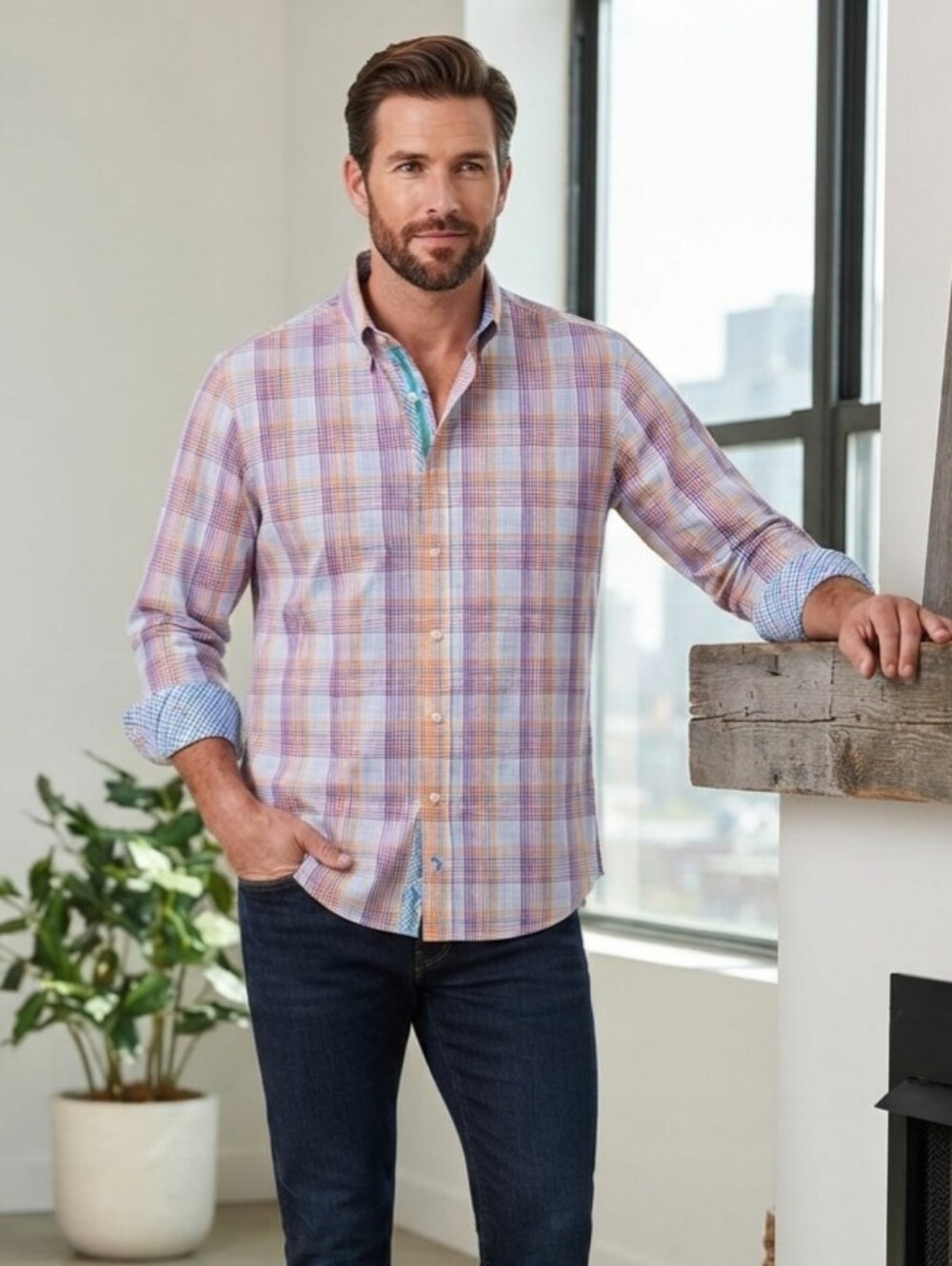 Tailorbyrd Collection Men’s XXL Plaid Button Down Shirt Orange Purple